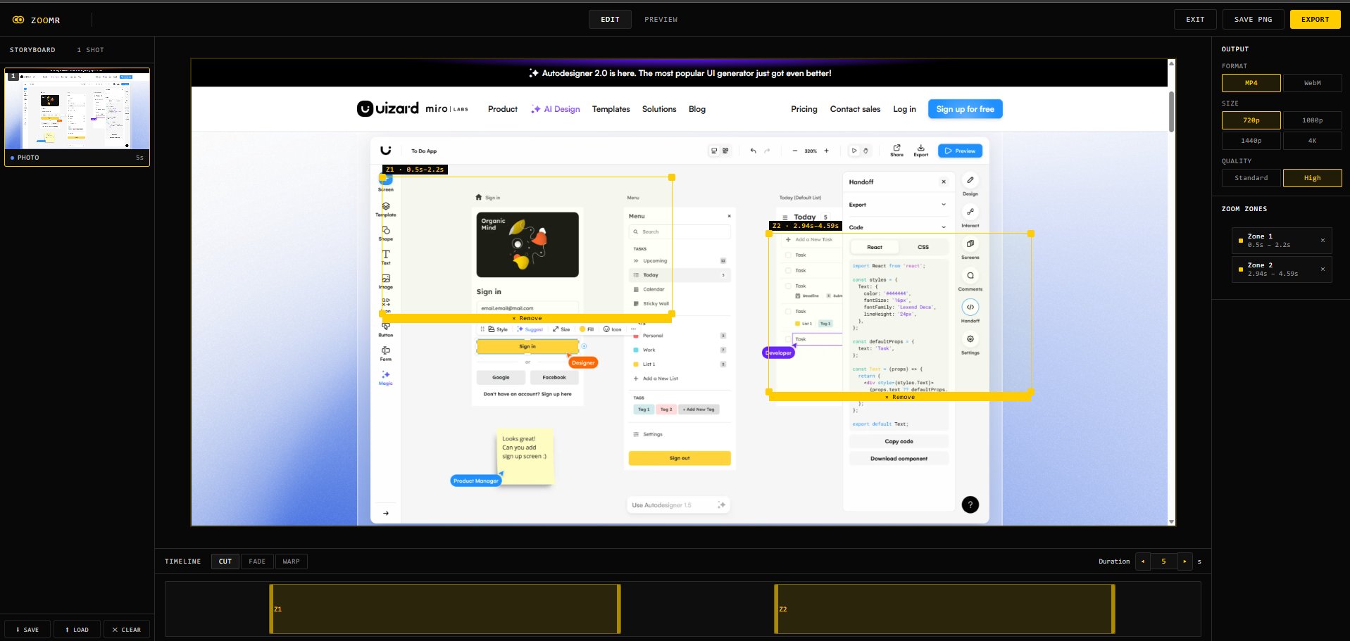 Zoomr Editor — screenshot with zoom zones, timeline, and export panel